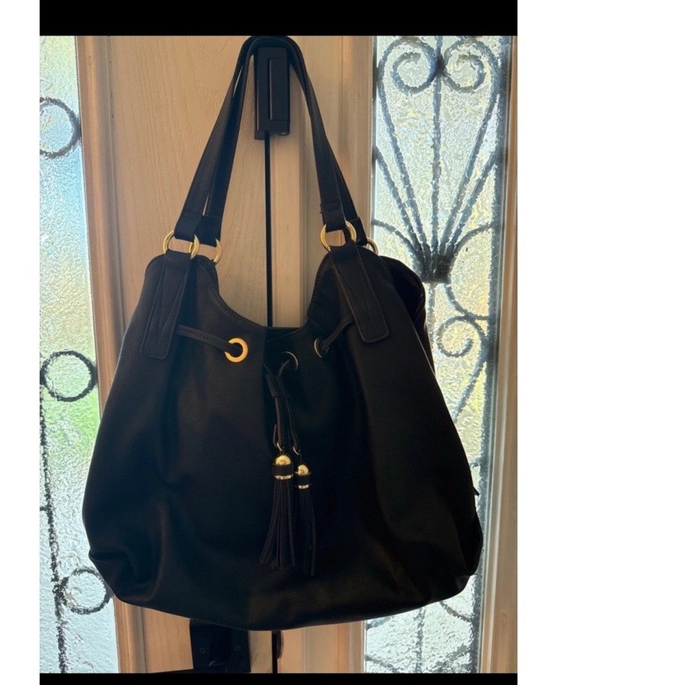 Liz Claiborne Black Faux Leather Hobo Shoulder Bag Tassel Drawstring Gold Tone